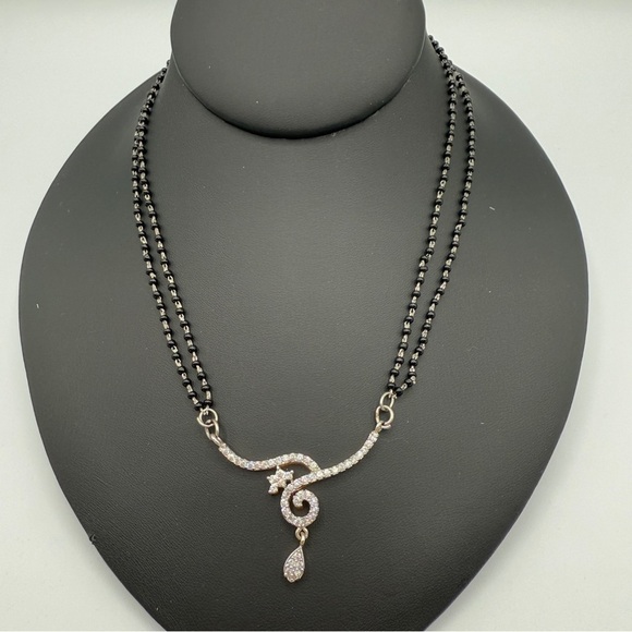 Dainty Necklace with Black Beaded Chain and CZ studded Asymmetrical Pendant - Picture 5 of 13